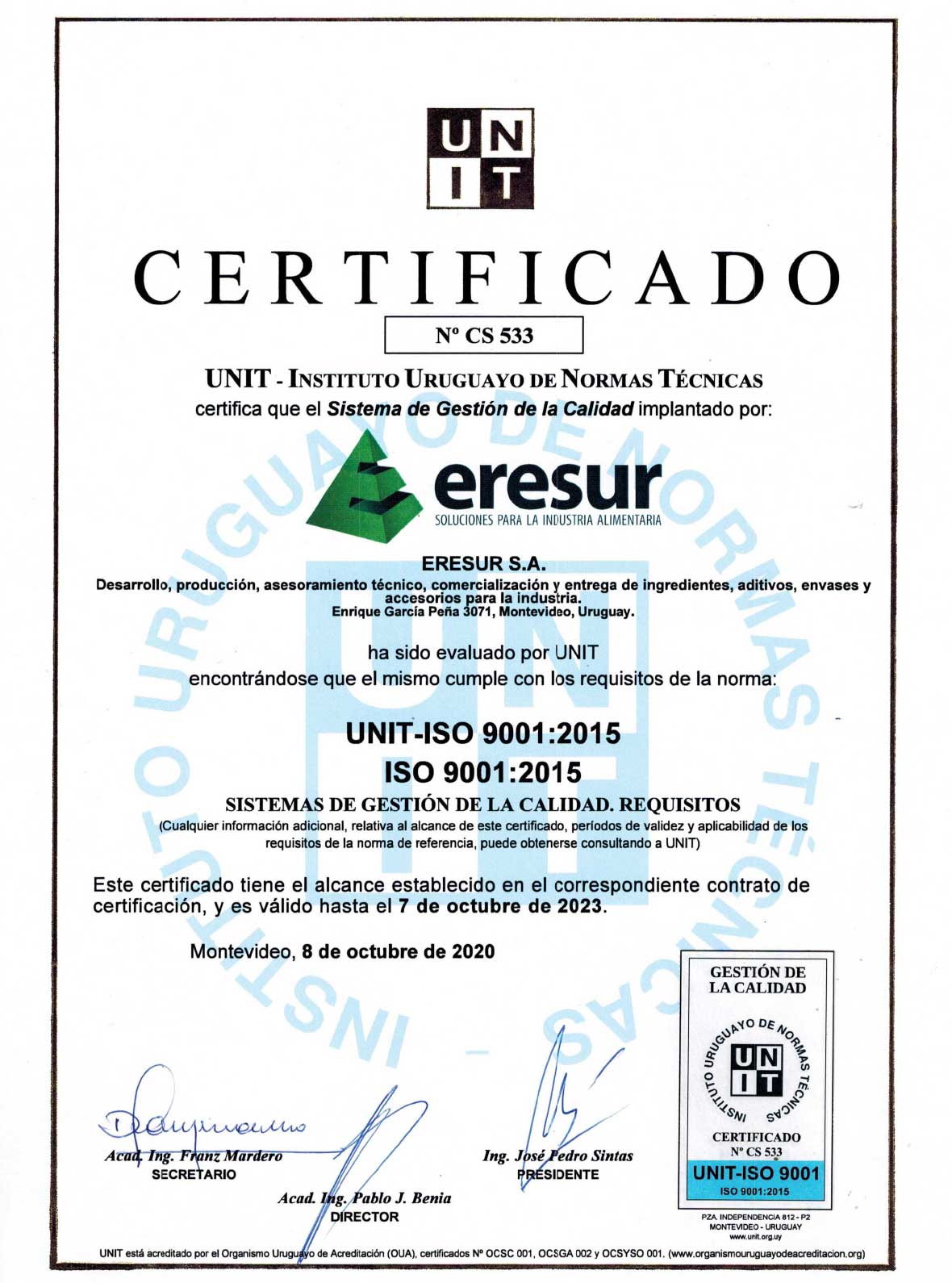 certificado de calidad UNIT ISO 9001:2015
